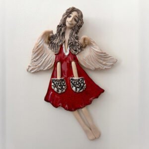 Handmade ceramic angel sculpture in red dress with wings