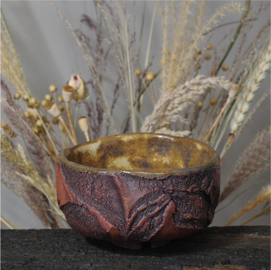 Handmade stoneware ceramic bowl for tea rituals, kurinuki carving