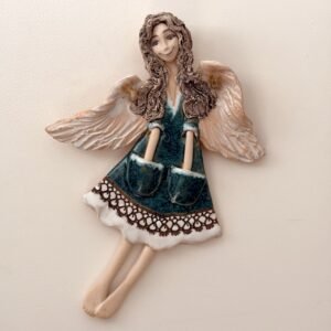 Handmade pottery angel with outstretched wings in blue green tones
