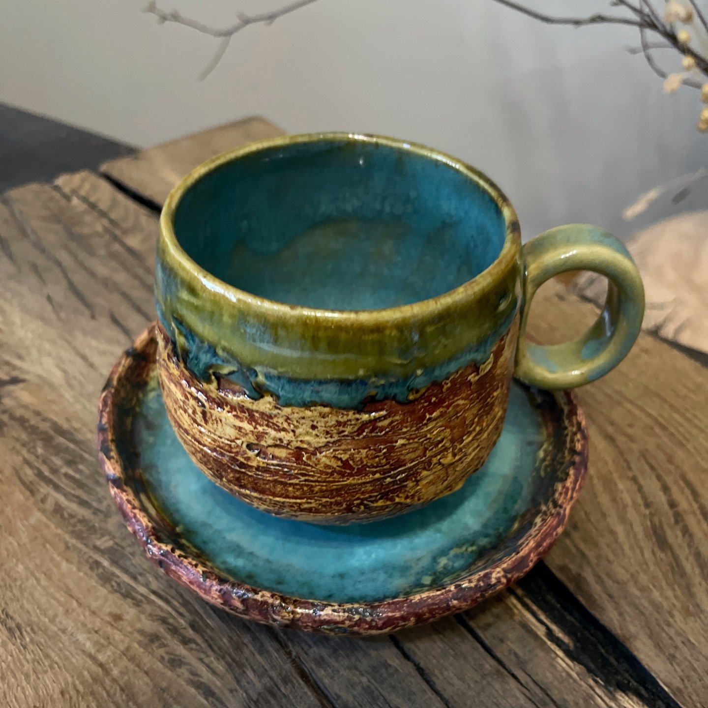 Handmade pottery cup and saucer from the Synovir Carpathian Series