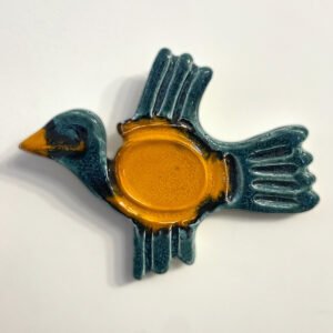 Handmade ceramic bird wall art with yellow center, pottery bird sculpture by Andriy Tyrsa