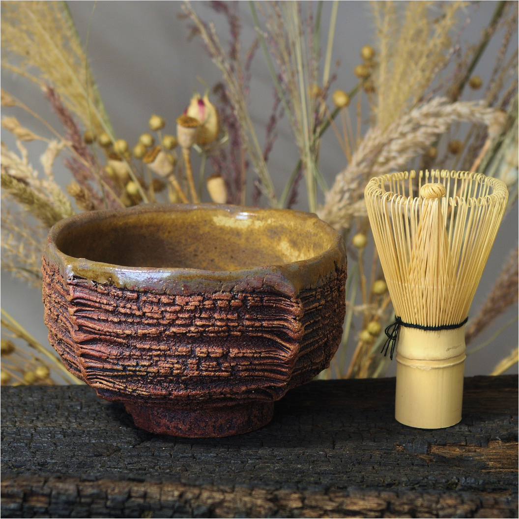 Stoneware matcha chawan with glazed interior, handmade ceramic bowl