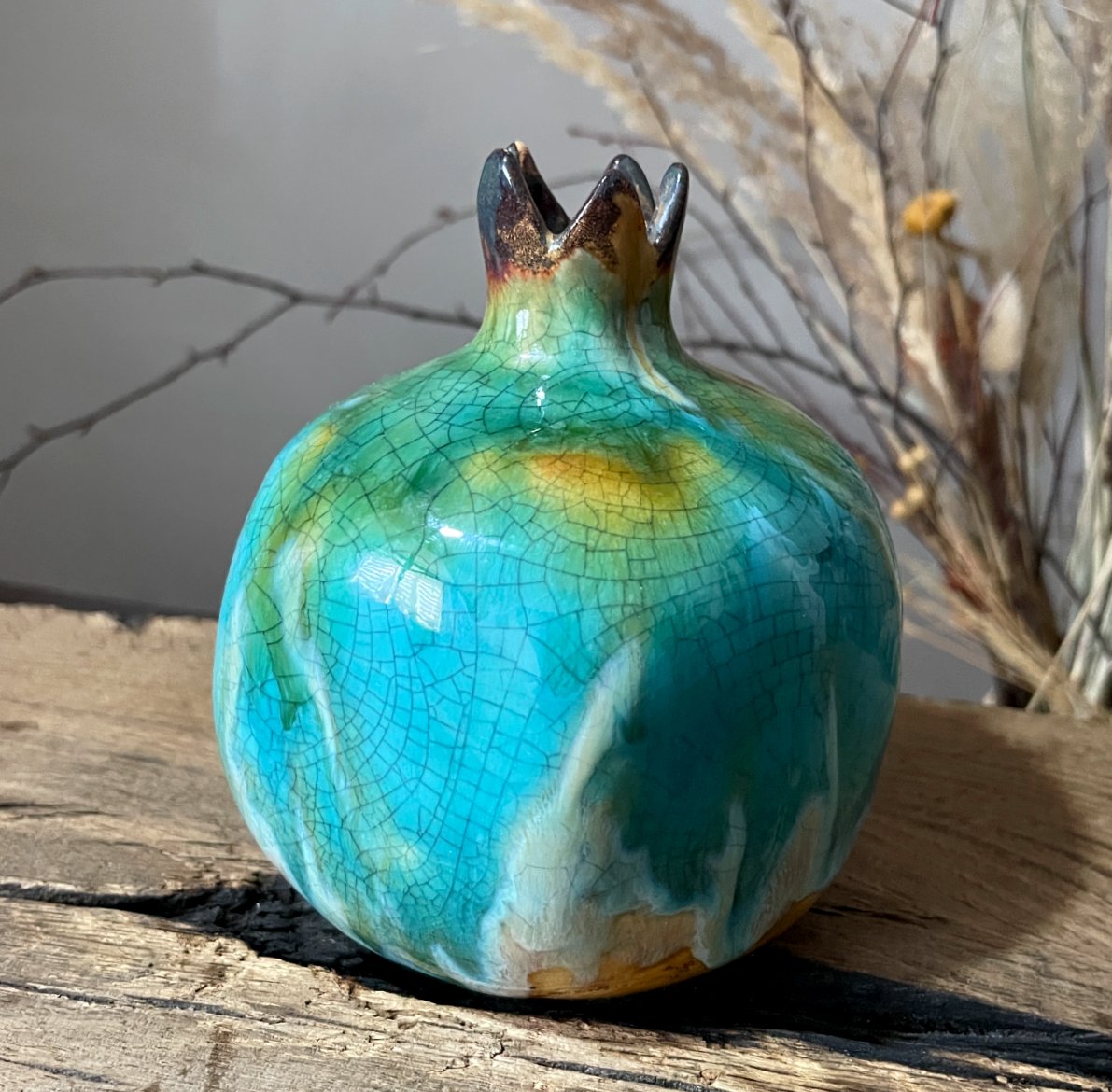 Turquoise ceramic pomegranate vase with crackle glaze