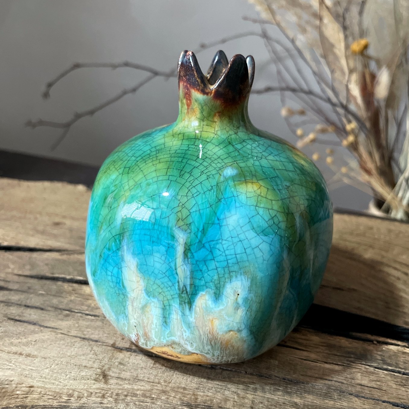 Handmade pomegranate vase in turquoise crackle pottery