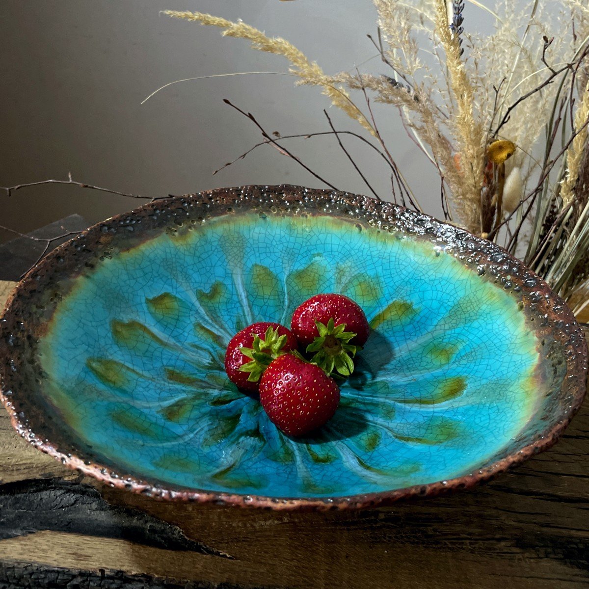 Blue crackle glaze ceramic bowl for fruit and table display