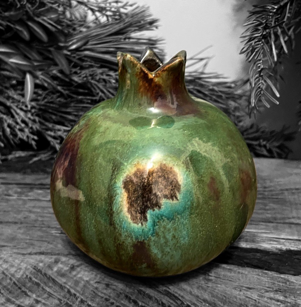 Ceramic pomegranate art object with glazed interior