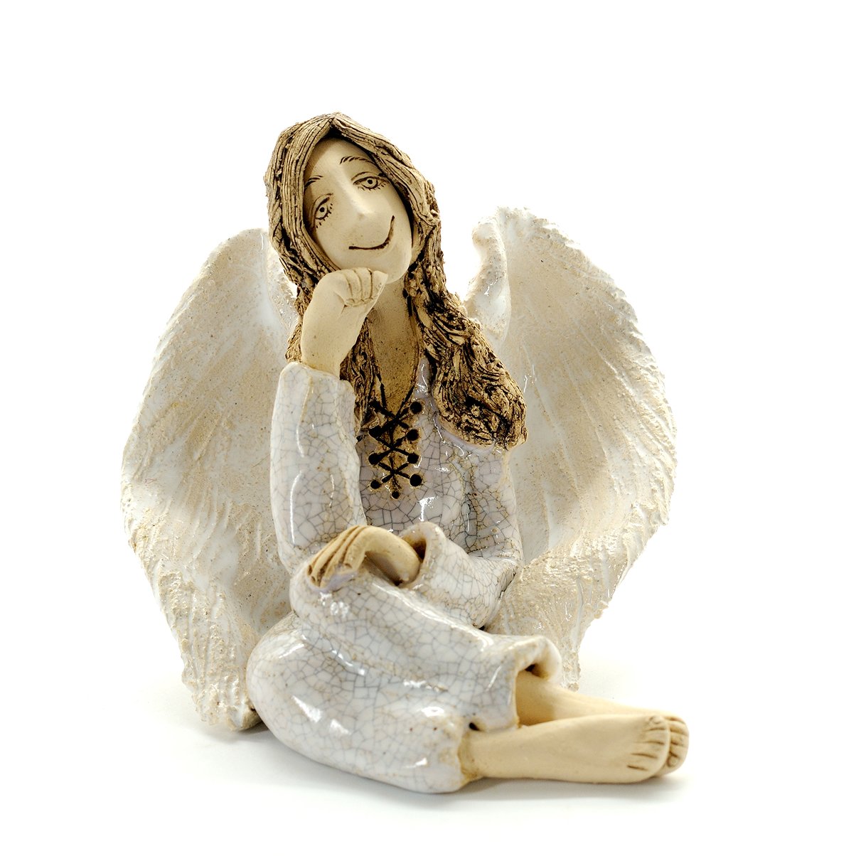 Керамічний ангел ручної роботи з крилами, авторська скульптура для інтер’єру