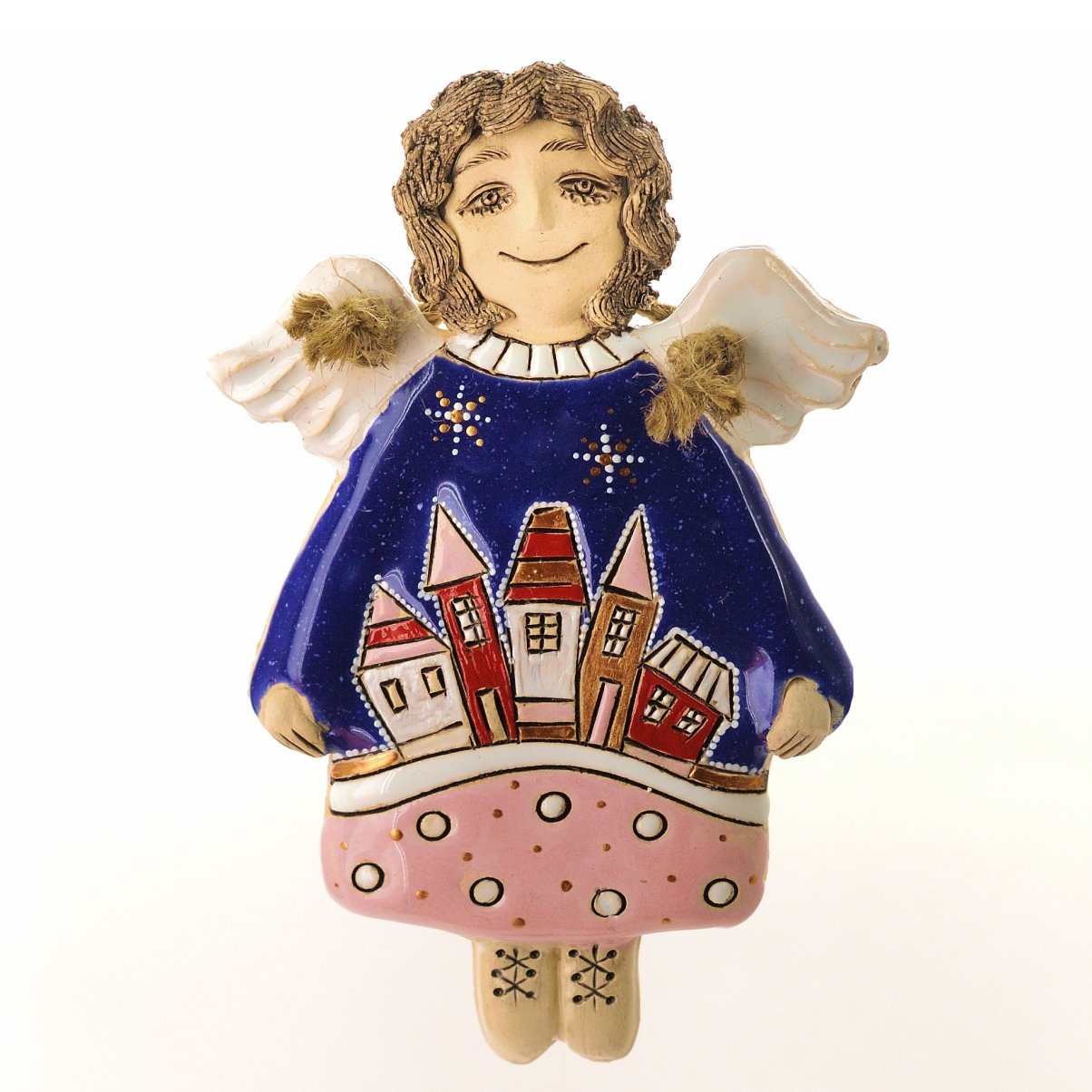 Декоративний керамічний ангел з ,будиночками, настінний декор