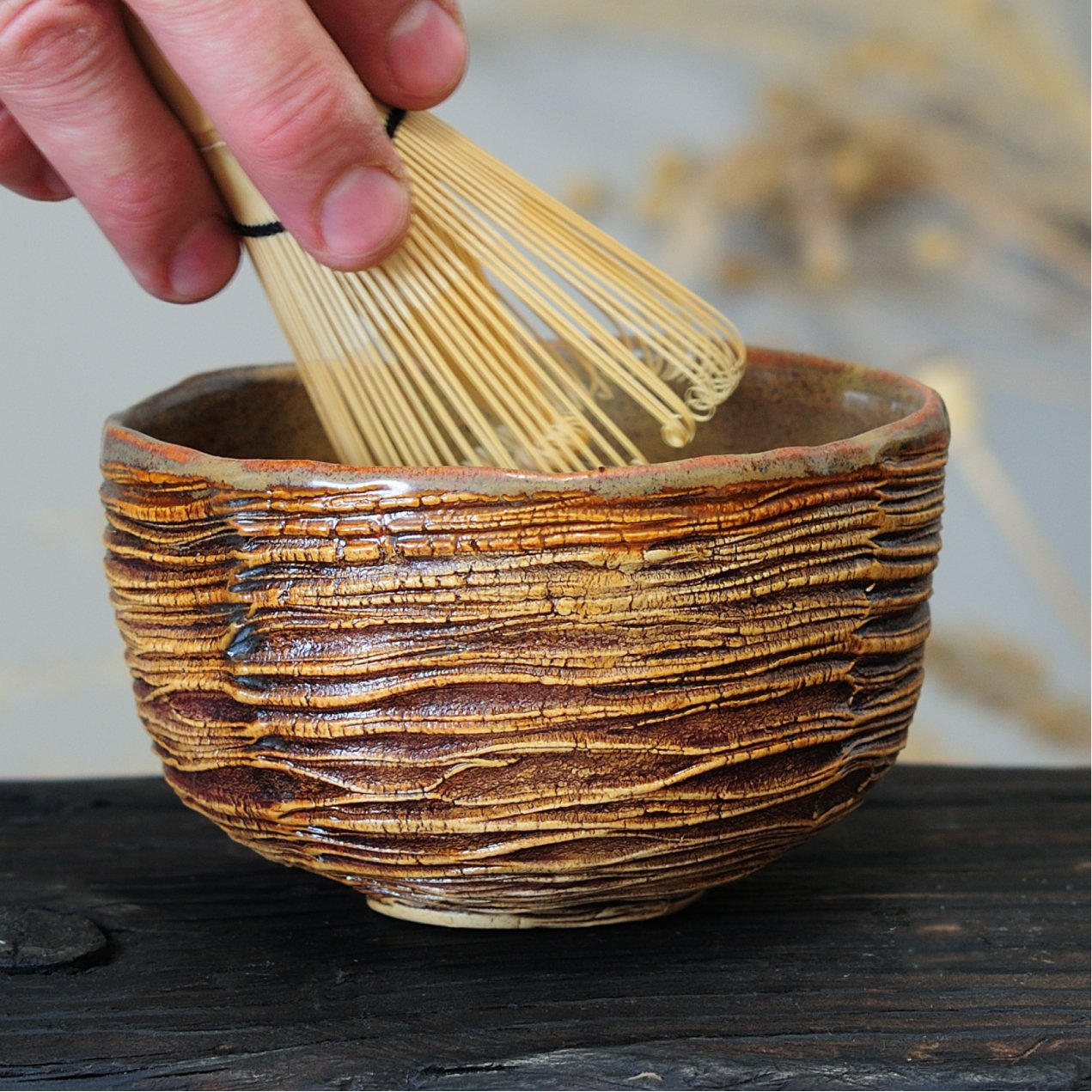 Авторська чайна чаша для матча з кераміки, чаван ручної роботи, теплі природні відтінки