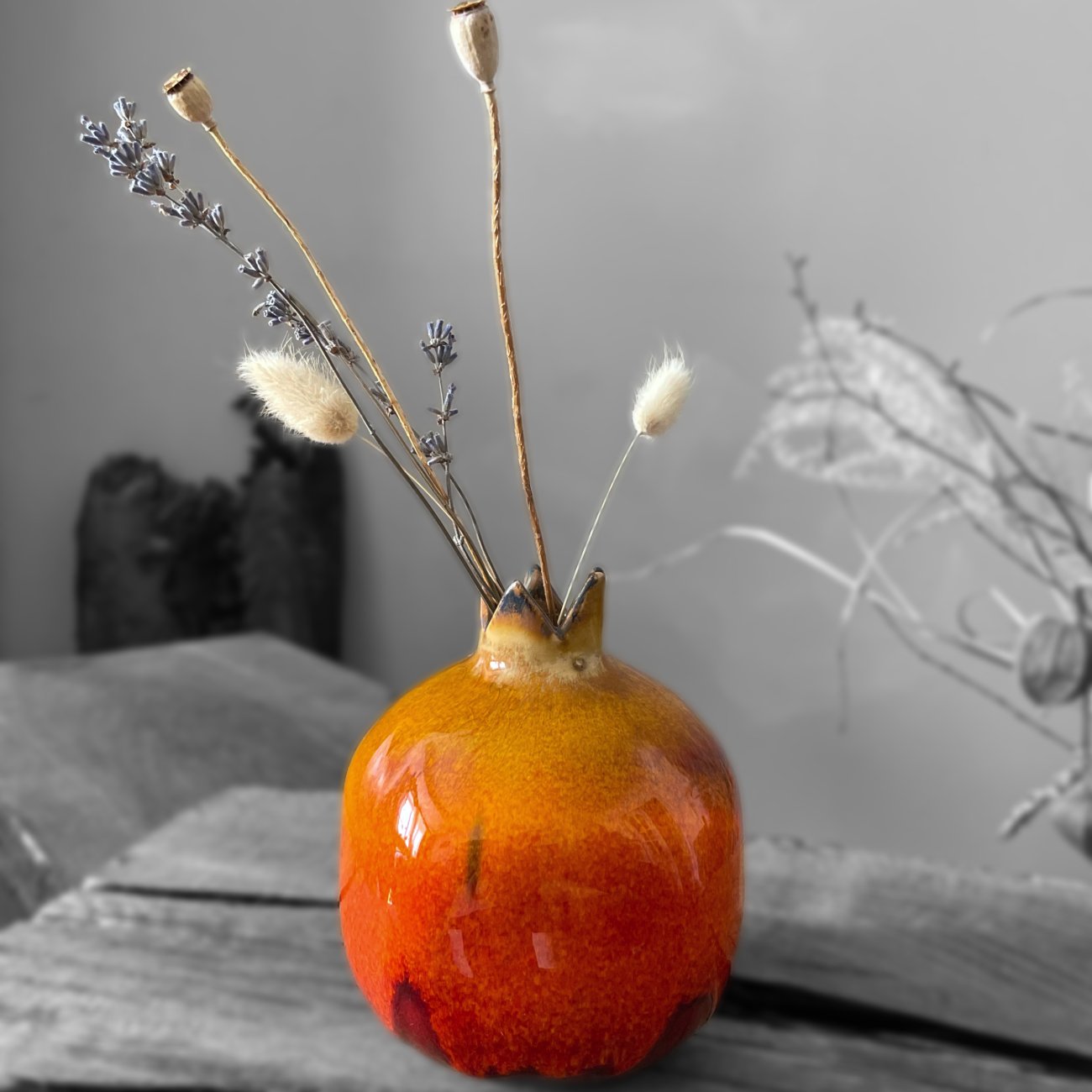 Ceramic pomegranate art object with glossy multicolor finish